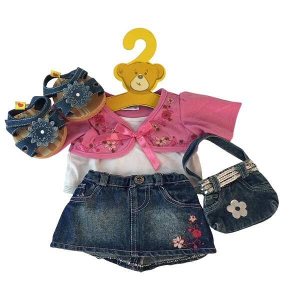 Build A Bear Clothes Pink Floral Shirt & Denim Skirt Sandals Sequin Purse Hanger - Picture 1 of 9